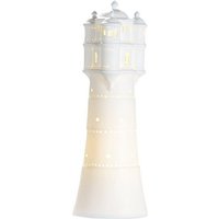 GILDE Dekoobjekt Porzellan Nachtisch Lampe LEUCHTTURM Meer Lichtschatten 35cm Höhe weiß