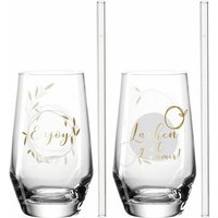 LEONARDO Gläser Set Presente Lachen 2er Set mit 2 Glastrinkhalmen 365  Glas