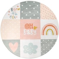 Paco Home Kinderteppich Chicos 554  rund  Höhe: 2 mm  gewebt  Patchwork Design  mit Schriftzug & Regenbogen oder Sternen
